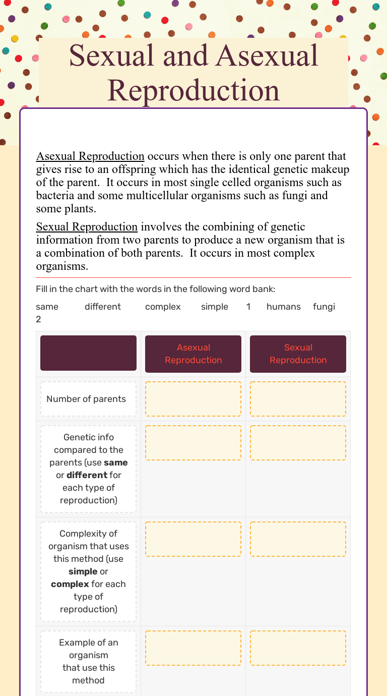 sexual and asexual reproduction interactive worksheet by lydia cabrales wizer me