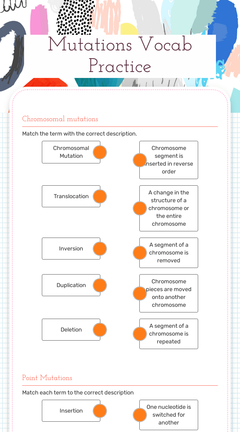 A gene that codes for one of the polypeptide chains of the blood protein hemoglobin lies on chromosome 11 in humans. Mutations Vocab Practice Interactive Worksheet By Camilla Martin Wizer Me