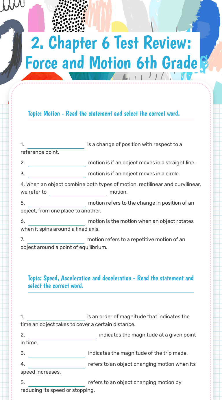 These free printable sixth grade word. 2 Chapter 6 Test Review Force And Motion 6th Grade Interactive Worksheet By Barbara Pacheco Wizer Me