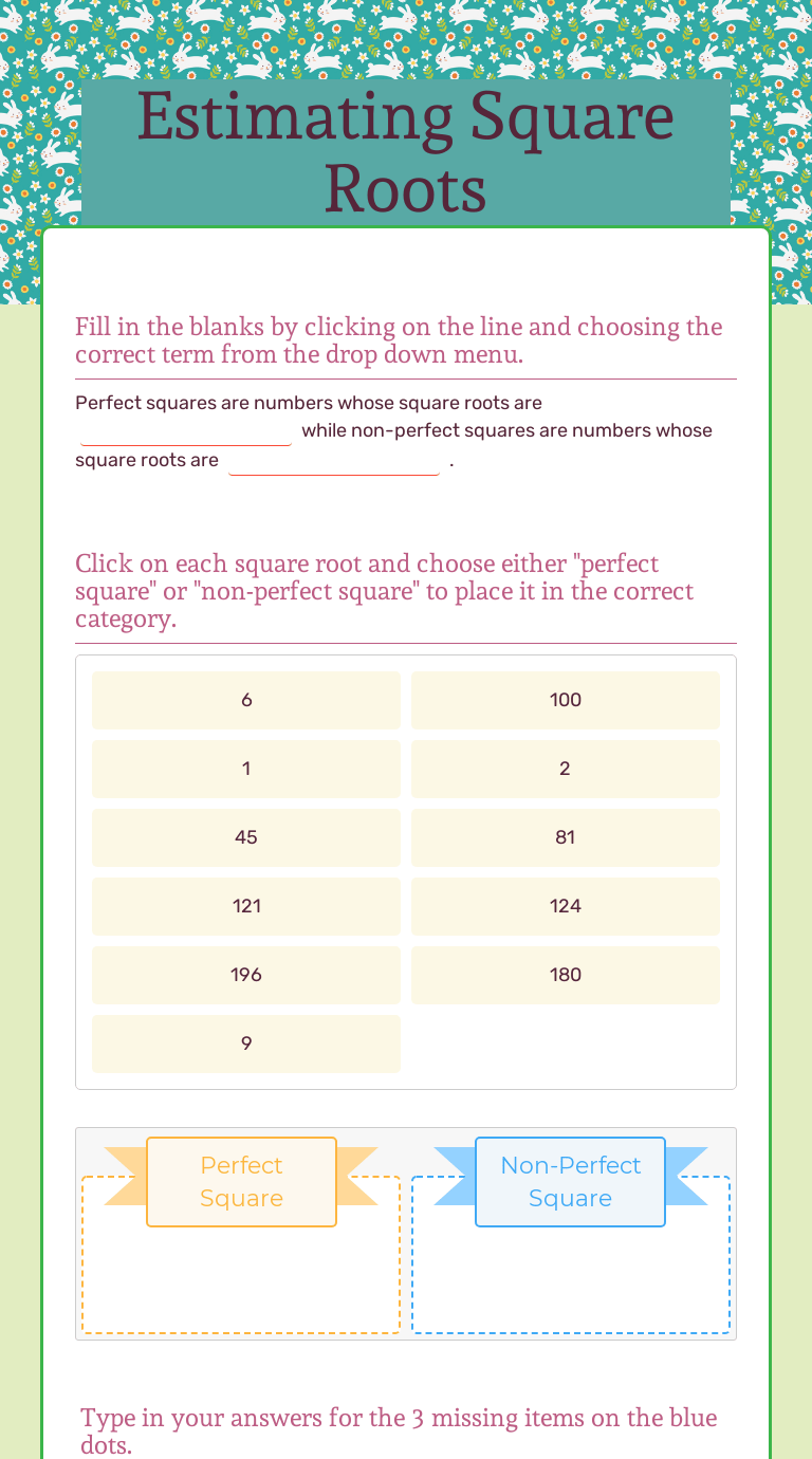 A) which placements are good estimates of the square roots? Estimating Square Roots Interactive Worksheet By Jason Baroudi Wizer Me