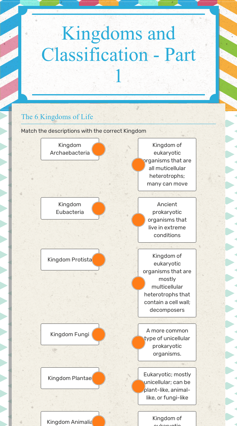 Eubacteria, archaebacteria, plantae, protista, animalia, fungi. Kingdoms And Classification Part 1 Interactive Worksheet By Ann Hicks Wizer Me