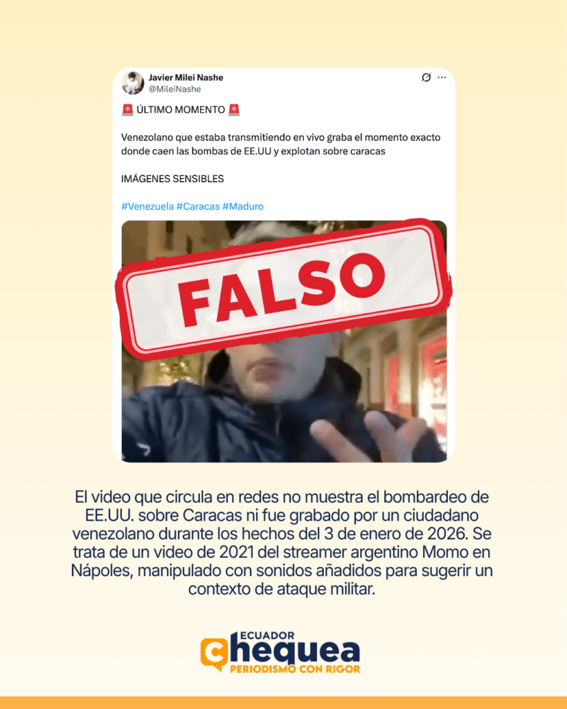 El vídeo no fue grabado en Caracas ni por un venezolano ni en 2026, es un vídeo de 2021 del streamer argentino Momo en Nápoles, con sonidos añadidos para sugerir que se trataba del ataque militar
