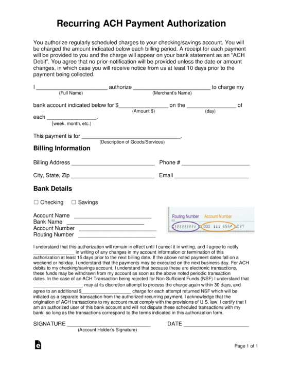 recurring ACH authorization payment form