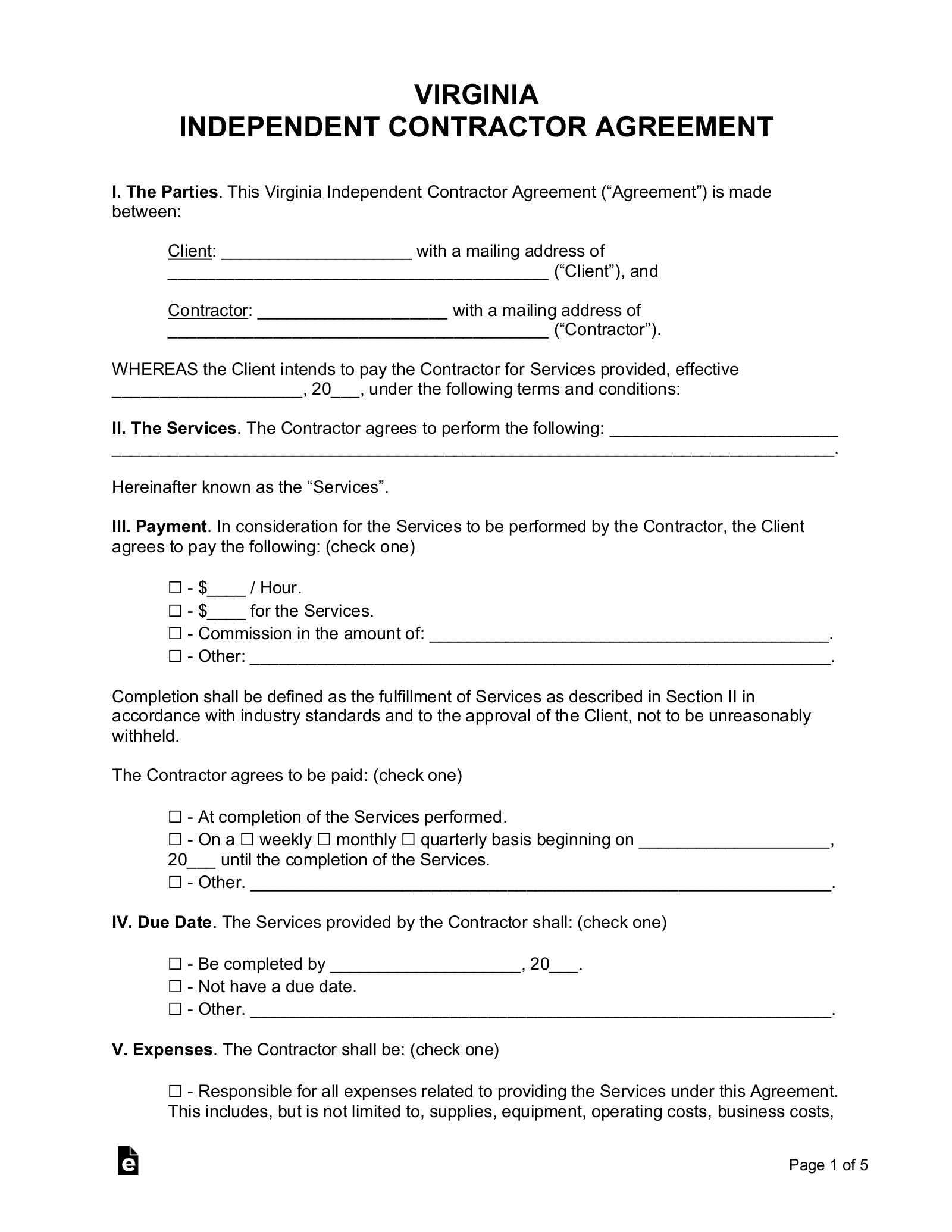 Free Virginia Independent Contractor Agreement - Word | PDF – eForms