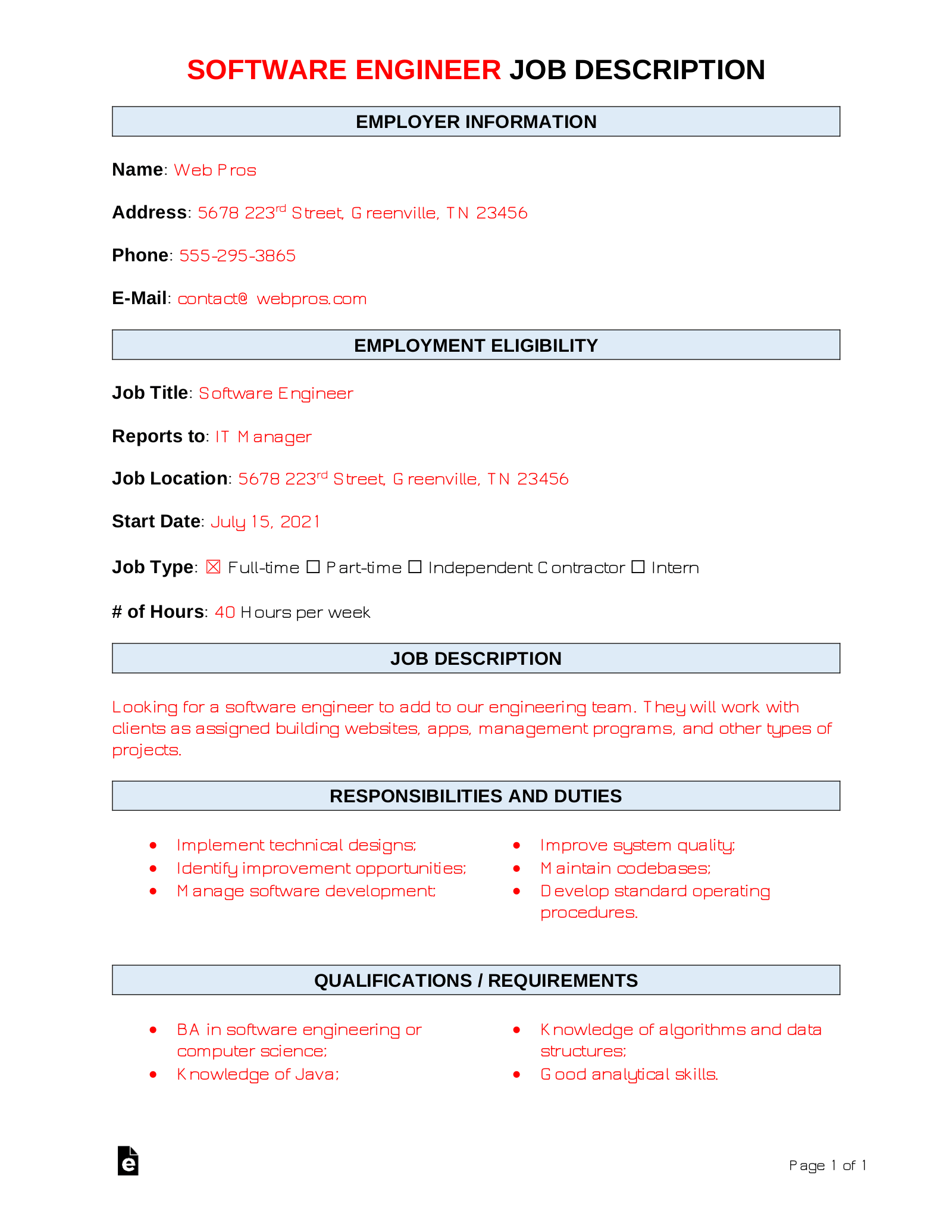 Free Software Engineer Job Description Template Sample Word PDF eForms