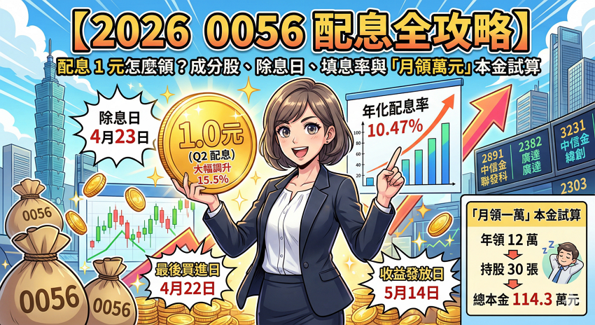 【2026 0056 配息全攻略】配息 1 元怎麼領？成分股、除息日、填息率與「月領萬元」本金試算