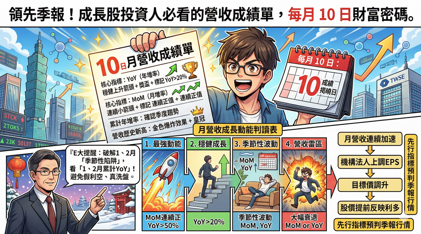 月營收是什麼？2026台股營收公告日、YoY與MoM判讀教學：3步驟抓出成長股領先指標