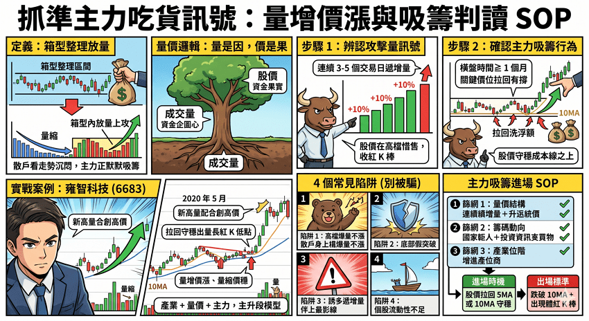 主力吃貨訊號怎麼看？2 步驟抓主升段：量增價漲攻擊量＋雍智 6683 翻倍實戰
