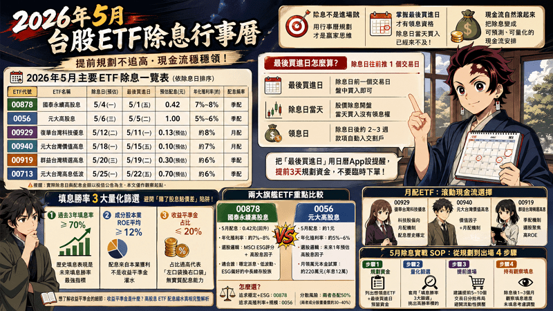 【2026 五月除權息行事曆】台股 ETF 配息全表 + 00878／0056 最後買進日 + 填息勝率 3 大篩選