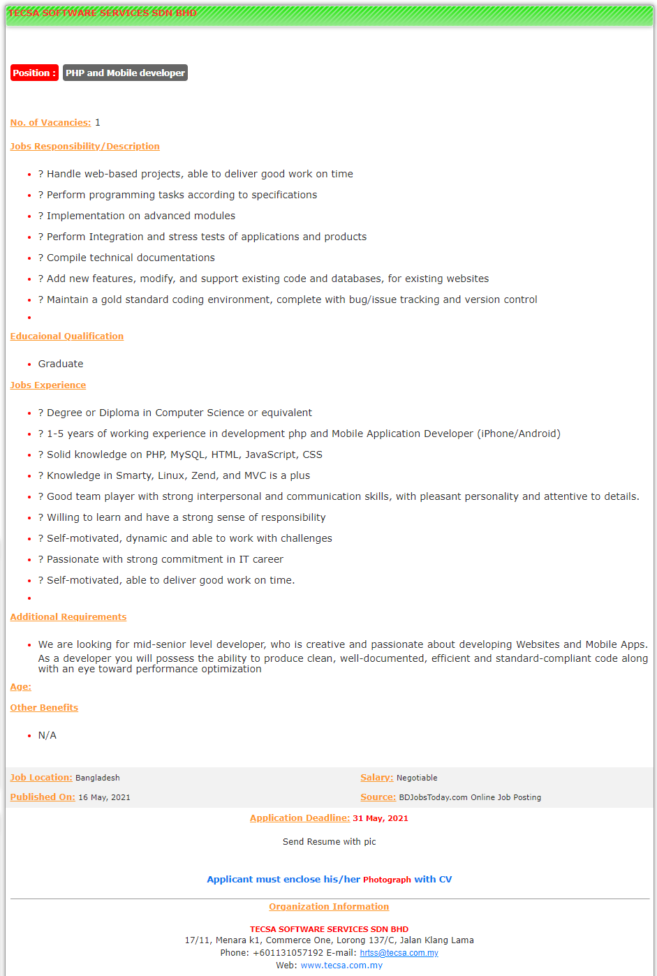 Tecsa Software Services Job Circular