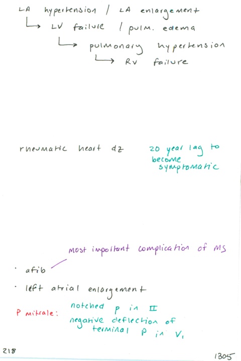 218. Pathophysiology of mitral stenosis / most common cause / ECG