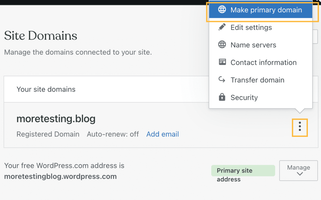 Memperbarui server nama domain untuk mengarahkan ke wordpress.com. Domain Dukungan