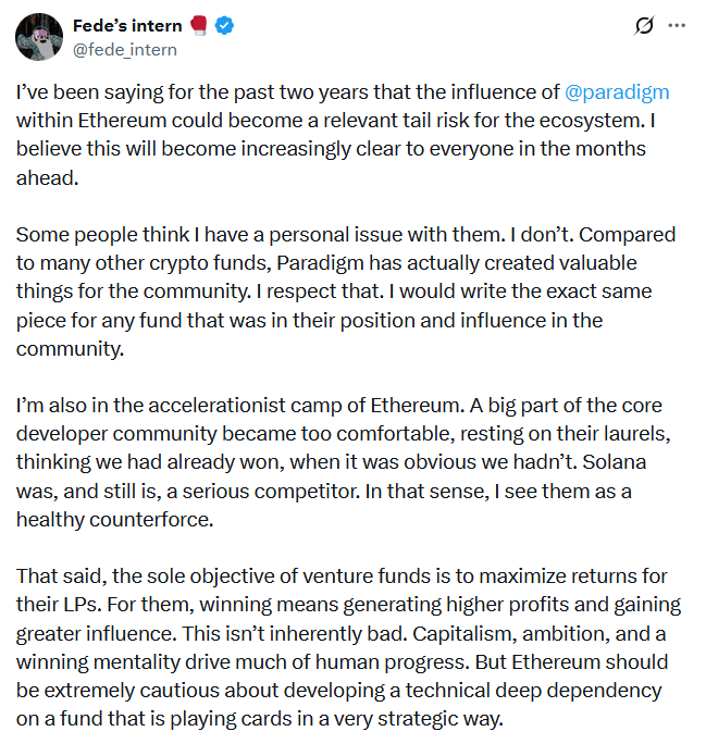Ethereum Developer Warns of Potential Paradigm Influence Risks 1 Ethereum developer Federico Carrone's post on Paradigm influence
