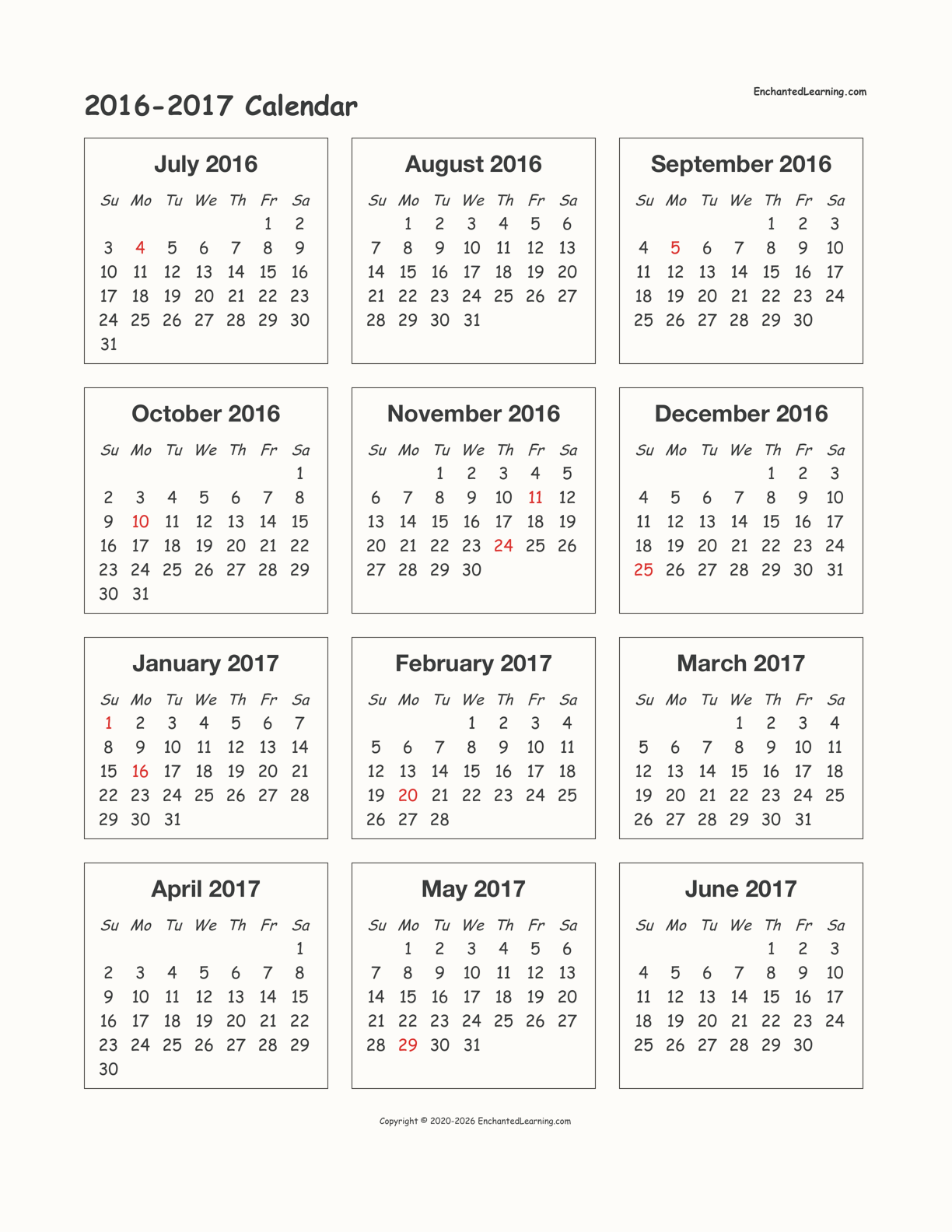 2016 2017 school year one page calendar enchanted learning