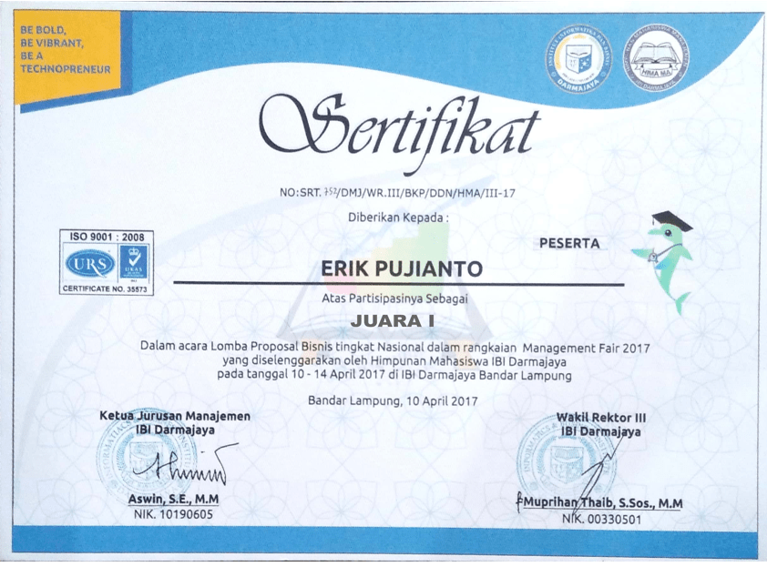 piagam dan sertifikat erik pujianto