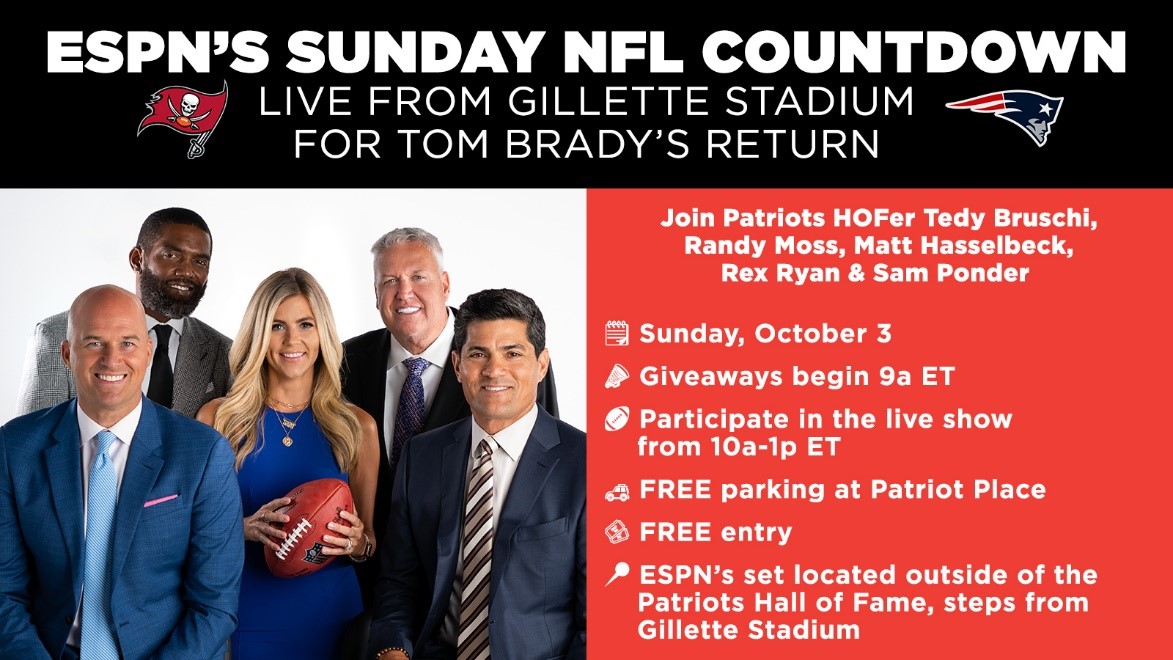 The nfl live crew will preview and analyze the tampa bay buccaneers and the dallas cowboys game plan for the 2021 nfl . Espn S Sunday Nfl Countdown Will Be Live From Gillette Stadium For Tom Brady S Return Espn Press Room U S