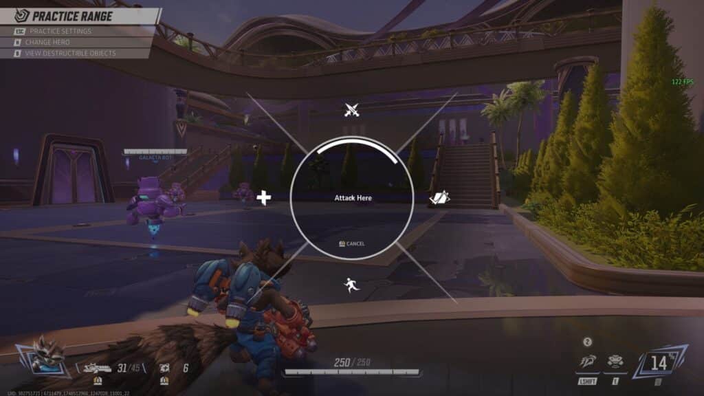 A raccoon-like character in a futuristic practice range, targeting a Galacta bot with attack options displayed on screen.
