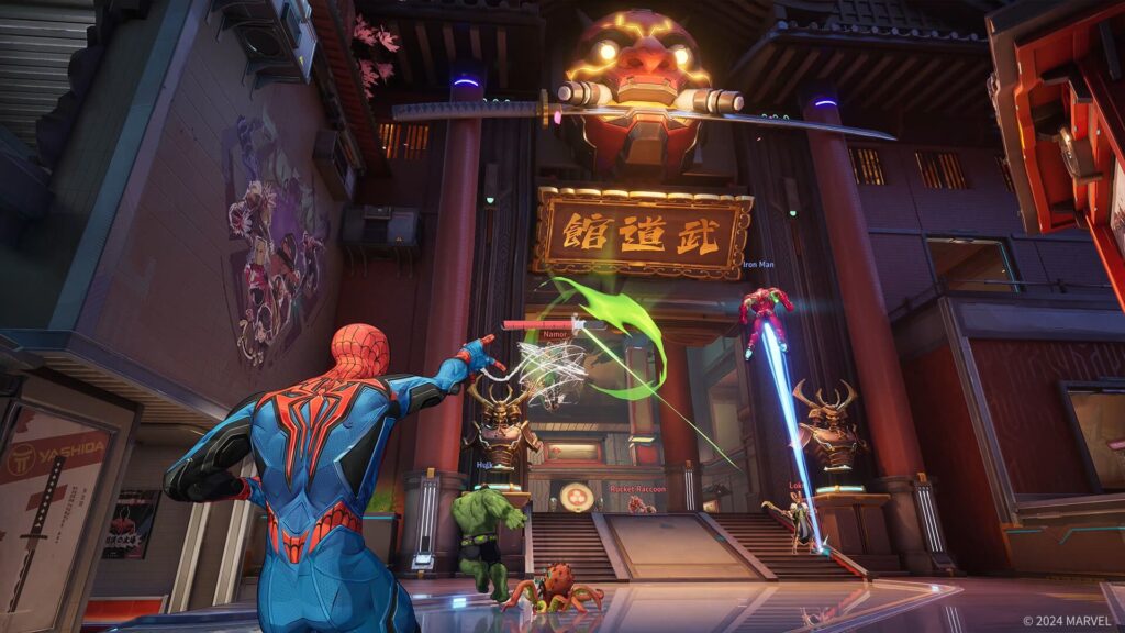 Spider-Man battles Namor with superheroes Iron Man, Hulk, and Rocket Raccoon in a vibrant, action-packed scene.