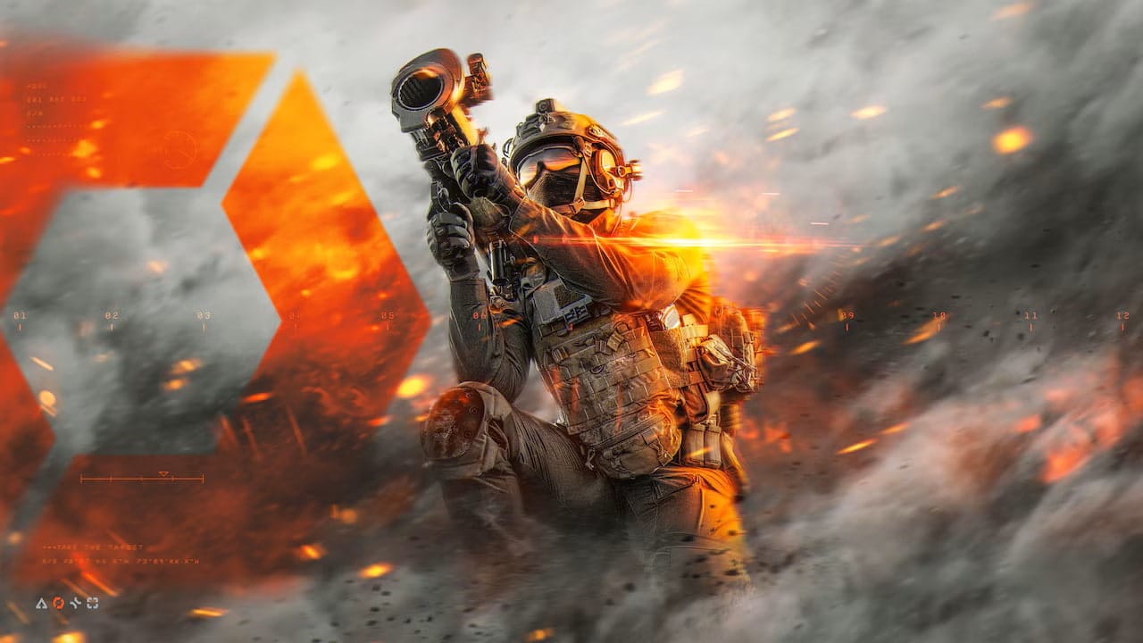 A soldier in tactical gear aims a weapon amidst swirling smoke and orange sparks in Battlefield 6