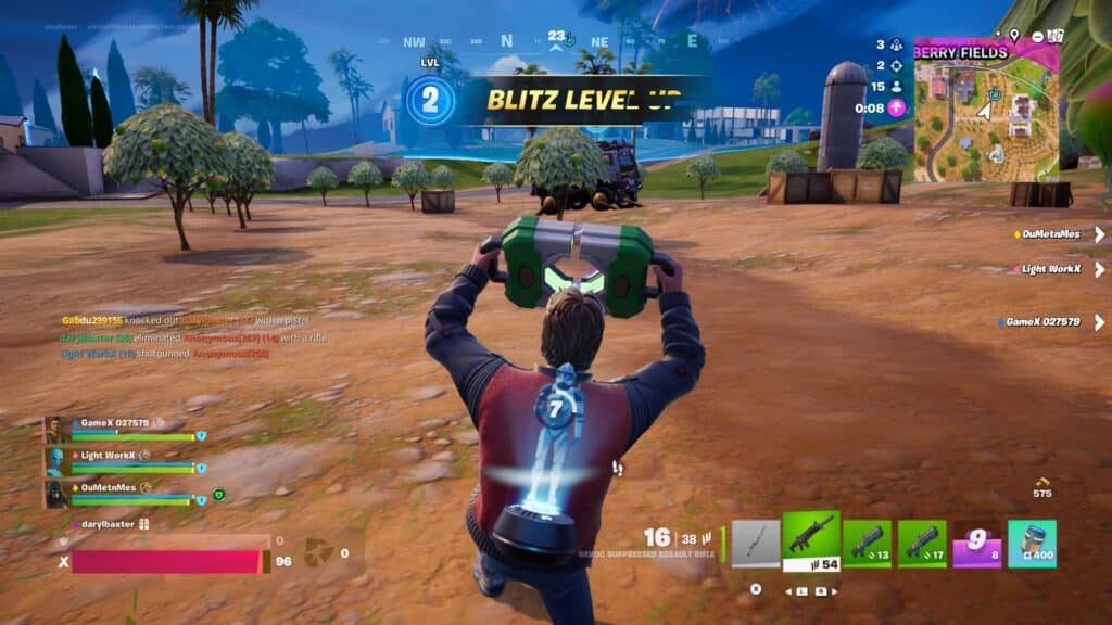 Fortnite Blitz Royale gameplay showing a player activating a Blitz level-up during a fast-paced match