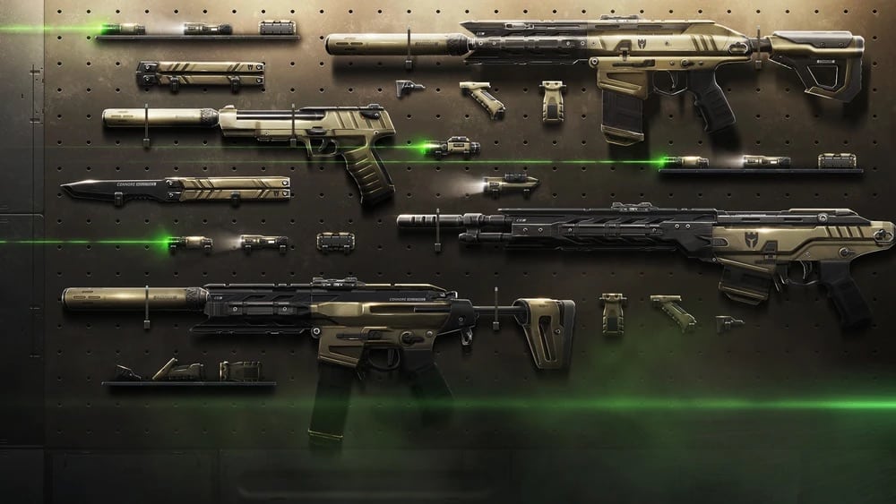 An image of the Recon Collection weapon skins from the game Valorant, featuring several tactical rifles, an SMG, a pistol, and a knife mounted on a display board with green laser accents