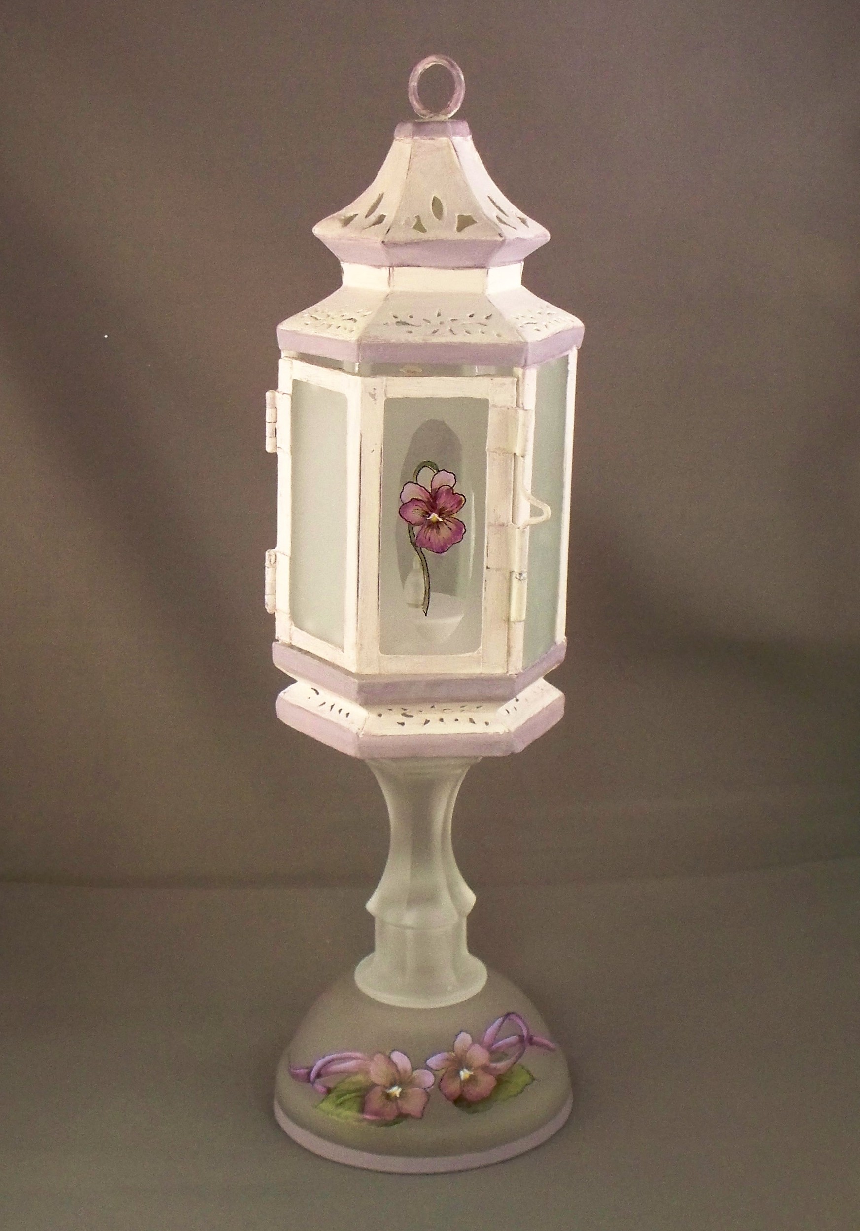 The distressed white paint is the perfect backdrop for the flickering candlelight inside the lantern. Etched Shabby Chic Lantern Violets Etchall