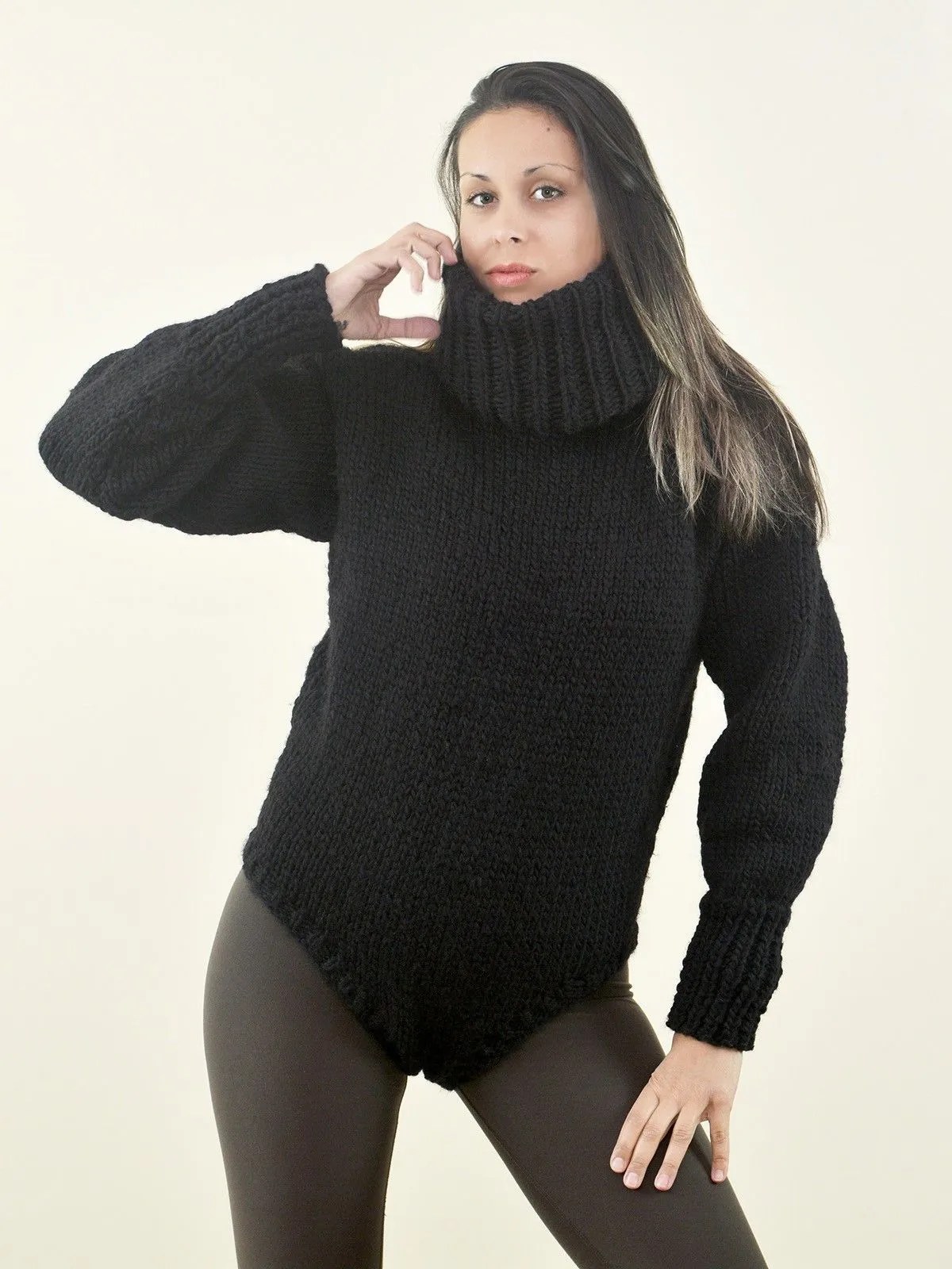 There is a photo shoot at the end. Sexy Hand Knitted Pure Wool Sweater Bodysuit Black Color Turtleneck