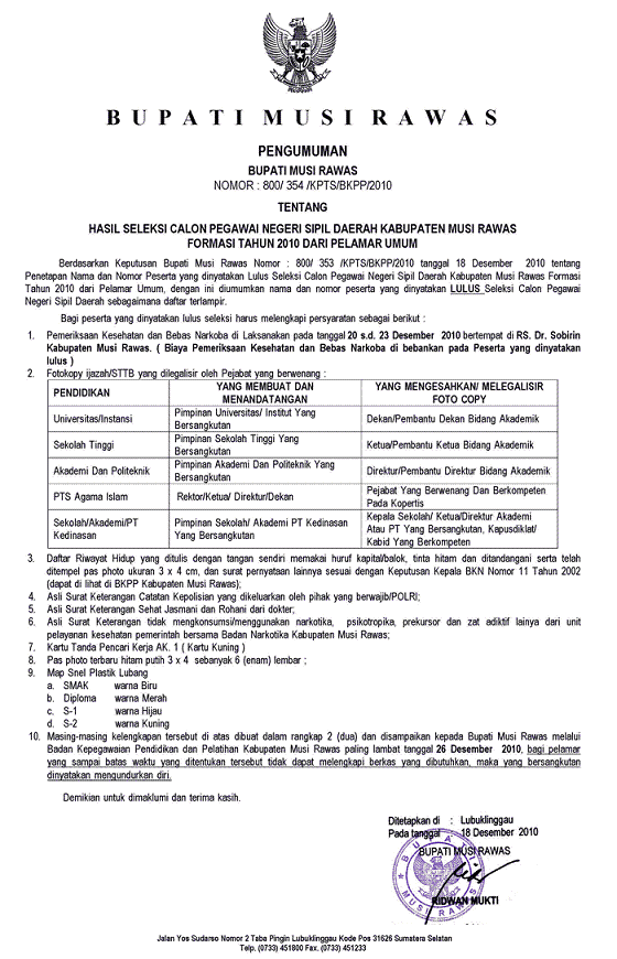 Penerimaan calon pegawai negeri sipil pemerintah kabupaten. Kelulusan Tes Cpns Kab Musi Rawas Tahun 2010 Oktober 2021 Terbaru Info Cpns 2021 Bumn 2021
