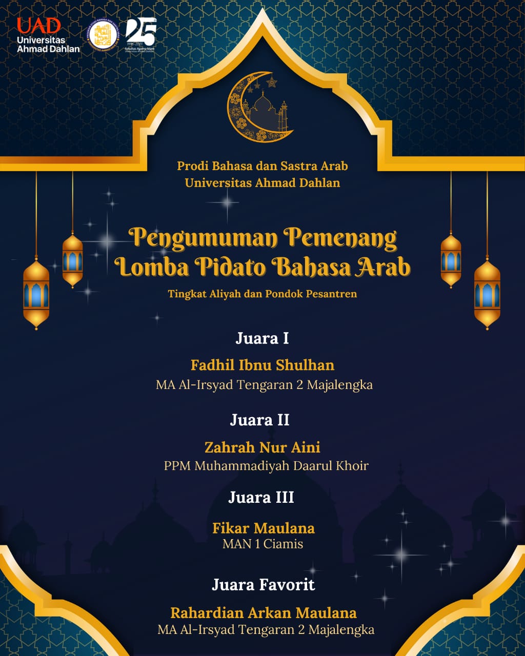 Milad FAI 25: Pengumuman Pemenang Lomba Pidato Bahasa Arab Virtual Tingkat  Nasional - Fakultas Agama Islam Universitas Ahmad Dahlan