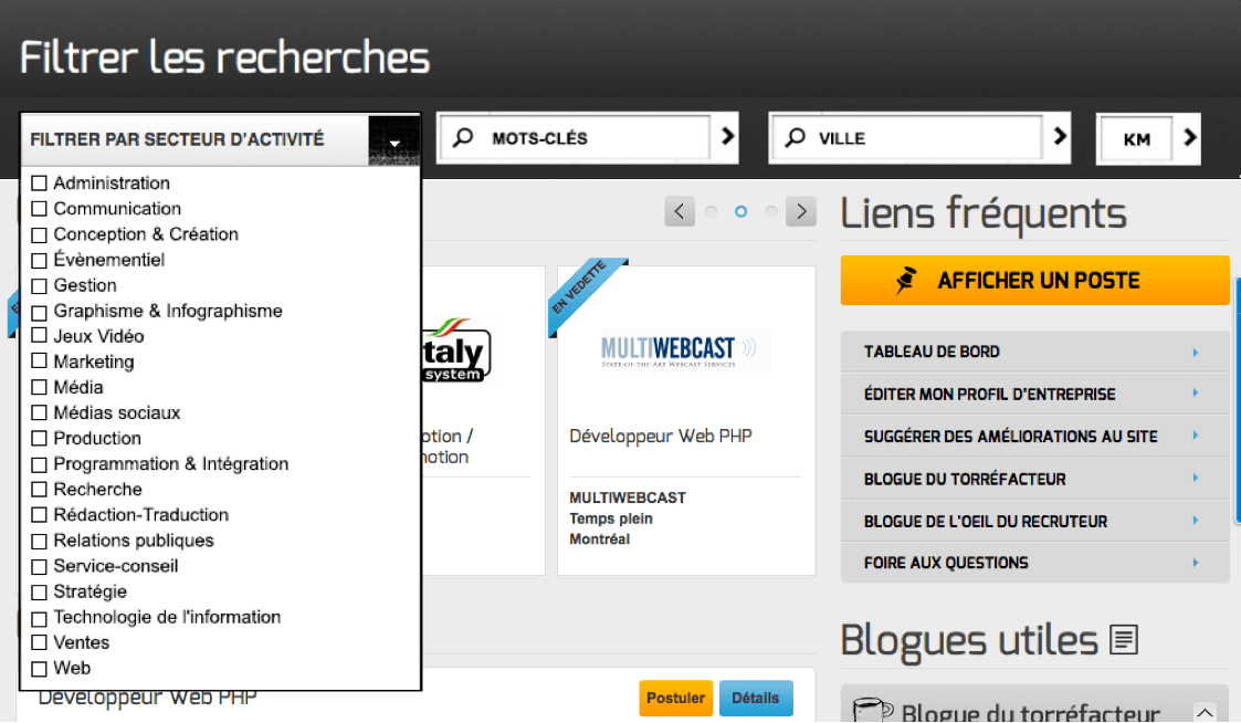 Filtre avec secteur d'activité, mots-clés et ville