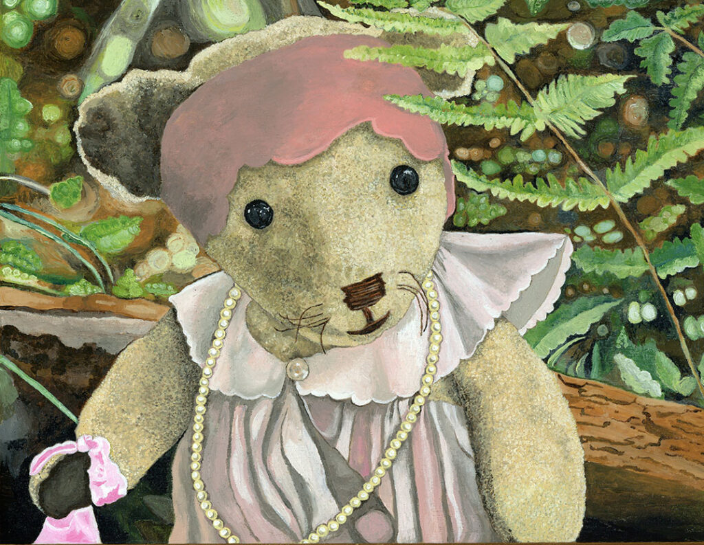 A painting of a teddy bear sitting by a log