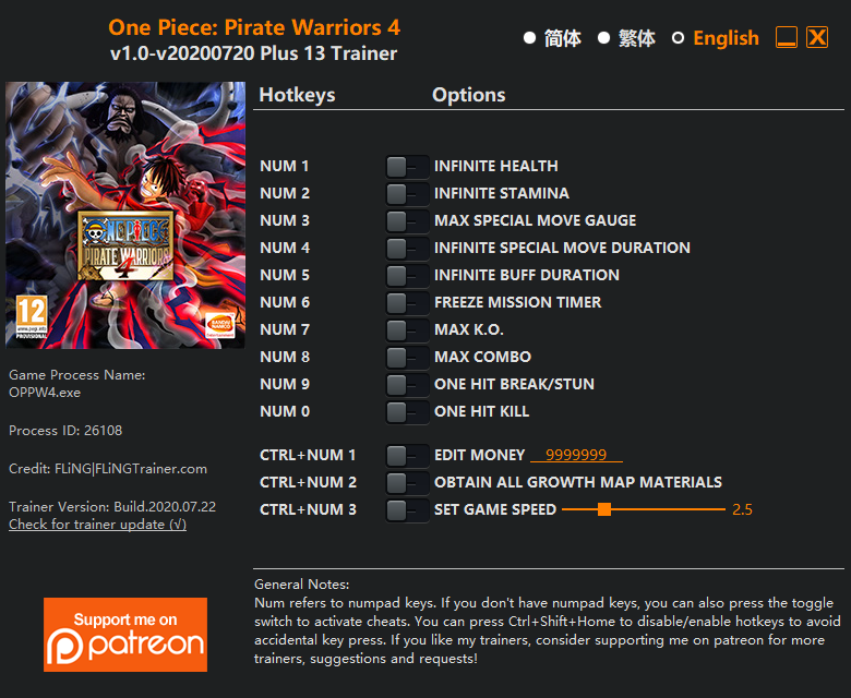 Enter the following codes at the menu (without the quotes) to unlock the corresponding effect. One Piece: Pirate Warriors 4 Trainer | FLiNG Trainer - PC