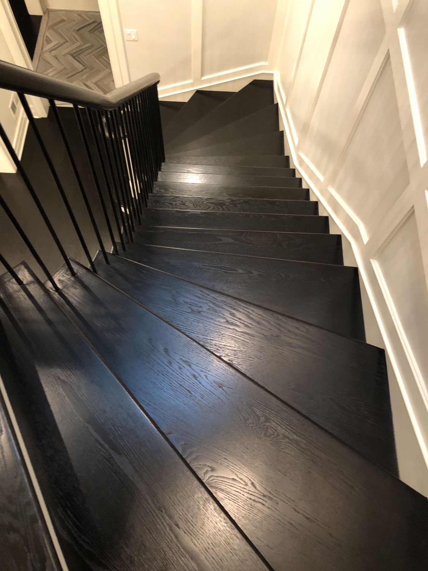 Making hardwood flooring decisions can be intimidating. Bona Ebony Stain + satin polyurethane finish on red oak
