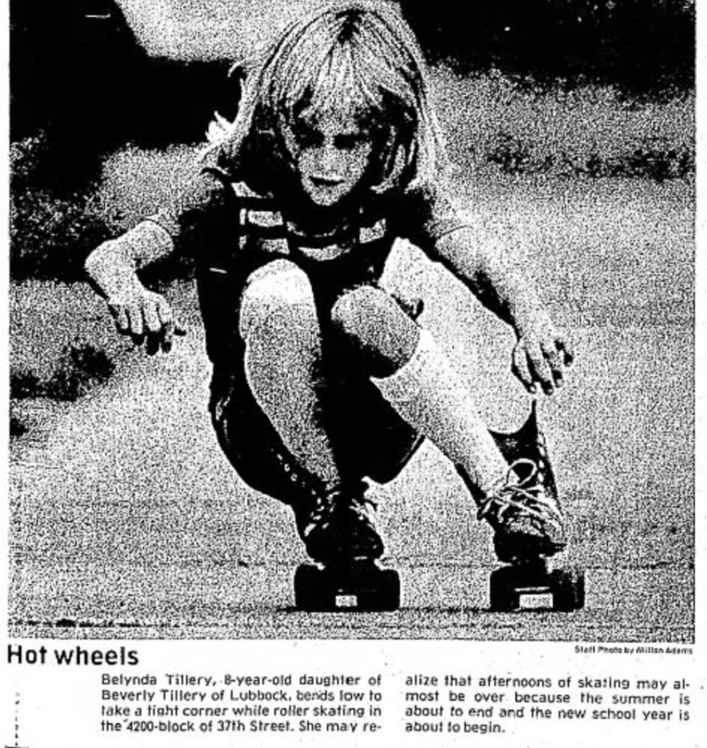 A newspaper clipping of Belynda Tillery on roller skates when she was eight years old