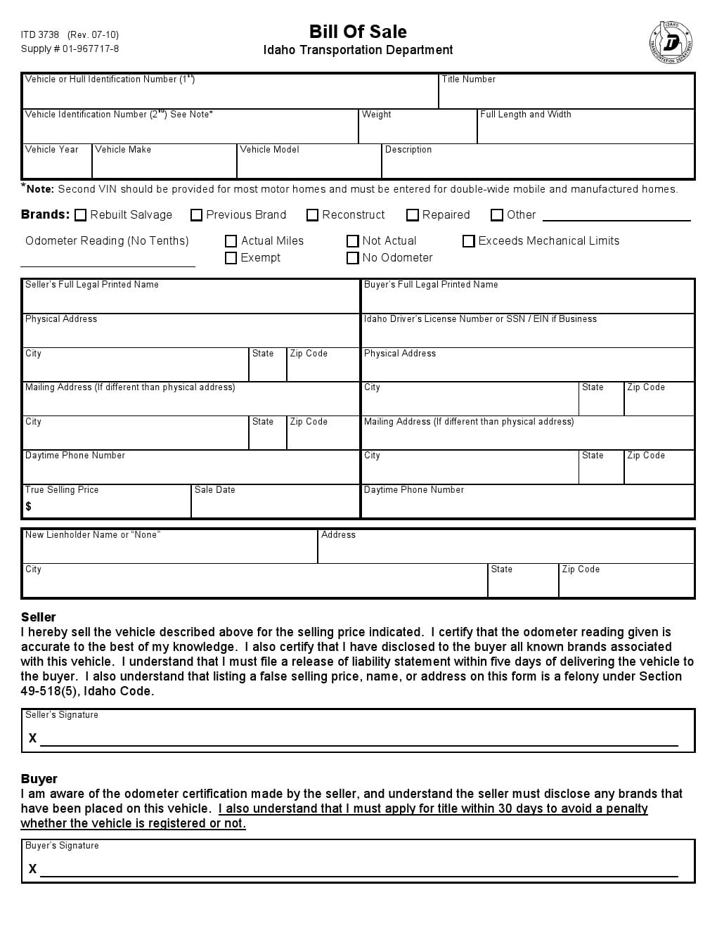 download free idaho vehicle bill of sale form form download