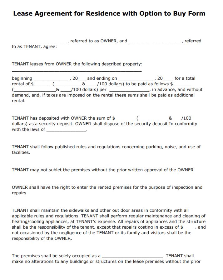 free residence lease agreement with option to buy pdf template form