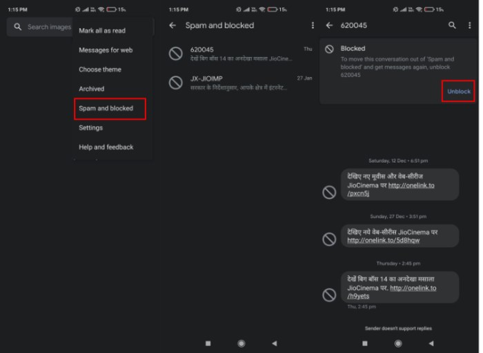 Unblock text messages on android