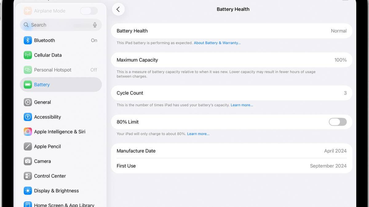Apple Doesn’t Show Battery Health on Older iPads—Here’s How to Check It Anyway
	
Checking your battery health will not only provide you with information about your iPad’s performance but also indicate whether you need to replace your device. Although Apple provides a built-in Battery Health feature on newer iPads, it is not available on many older devices. However, you do have several options for checking your battery health. In this guide, we’ll explain how to check battery health on older iPads and share some useful tips to help extend battery life.



Which iPads Support Apple’s Built-in Battery Health Feature?



Apple provides a built-in Battery Health feature for selected iPad models. If your iPad supports it, you can view important battery information in the Settings app without installing any additional apps. This feature is available for iPad Pro M4, iPad Air M2, iPad mini (A17 Pro), iPad (A16), and newer iPads.




Go to Settings.



Tap Battery.



Open Battery Health.



View details such as Maximum Capacity, Cycle Count, Battery Status, Manufacturing Date, First Use Date, and the 80% Charging Limit.




If you have an old iPad, you won’t see the Battery Health option in the Settings menu. The reason behind this restriction remains unknown, as Apple has not disclosed it yet. The old operating system of these iPads does not even support the Battery Health menu.



How to Check Battery Health on Older iPads







Apple provides an online battery diagnostic process for iPads that do not have the Battery Health option. This is the proper way to diagnose your device’s battery without downloading any additional software. First, contact Apple Support and describe your battery problems, which may include rapid battery drain, slow charging, and automatic shutdowns of your iPad. Apple Support will conduct a remote battery diagnostic on your iPad. They will be able to tell you all the vital information regarding your battery.



Use coconutBattery on a Mac



Another way to check your iPad’s battery health is through coconutBattery. The app is available for macOS and supports Apple devices, including iPads.




Download coconutBattery on your Mac.



Connect your iPad via a USB cable.



Launch the application.



Select your device and see its battery details.




It provides information on Battery Health, Current Capacity, Design Capacity, Charge Cycles, Battery Temperature, and Charging Status. Please note that some more advanced options will be available only in the paid version.



Tips to Keep Your Older iPad Battery Healthy




Ensure that you only use certified chargers: Your iPad should be charged by Apple-certified and MFi-certified chargers and cables.



Avoid using your iPad in extreme temperatures: it should not be exposed to direct sunlight or extremely high temperatures.



Keep your iPad software up to date: Update your device to the latest iPadOS.



Screen lock: Locking your iPad helps conserve battery power.



Airplane mode in areas with poor signal: If the signal strength is low, activate airplane mode to conserve battery.



Wi-Fi connection: Connect to Wi-Fi whenever it is possible.



Unplug unnecessary devices: Unplug any USB-C device that is no longer needed.






#Apple #Doesnt #Show #Battery #Health #Older #iPadsHeres #Checkapple