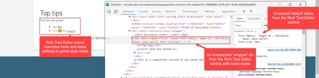 Screenshot of Rich Text Editor output on a portal page along with the source code in the browser developer tools. The output is unexpectedly wrapped in a div that contains inline styles that overwrite the portal CSS