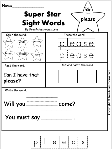 free sight word worksheet please free4classrooms