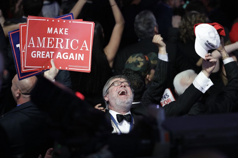 Supporters of Republican presidential candidate Donald Trump react as they watch the election results during Trump’s election night rally, Tuesday, Nov. 8, 2016, in New York. CREDIT: AP/John Locher.