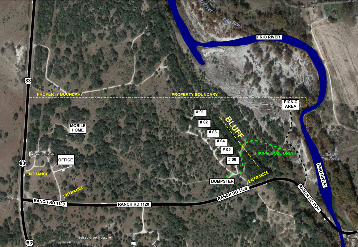 Seven bluff cabins is situated on 50 acres of pecan, cypress, and juniper trees on the frio river in concan, tx. Map of Frio Bluff Cabins, 1,000 feet of private water
