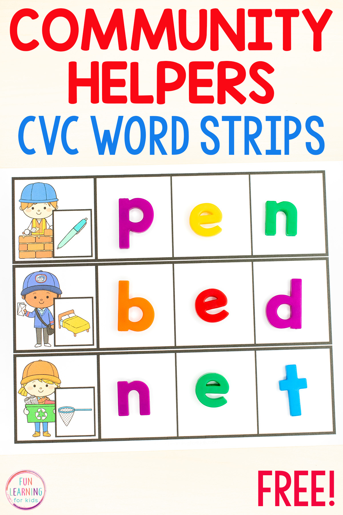 community helpers printable cvc word building strips