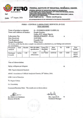 Test Result of Sample A