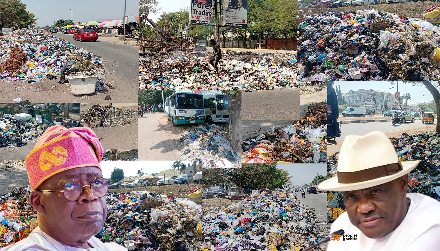 Photo of President Bola Tinubu and FCT Minister Nyesom Wike super imposed on photos of waste littering Abuja streets (Credit: Ahmed Oluwasanjo/Peoples Gazette)