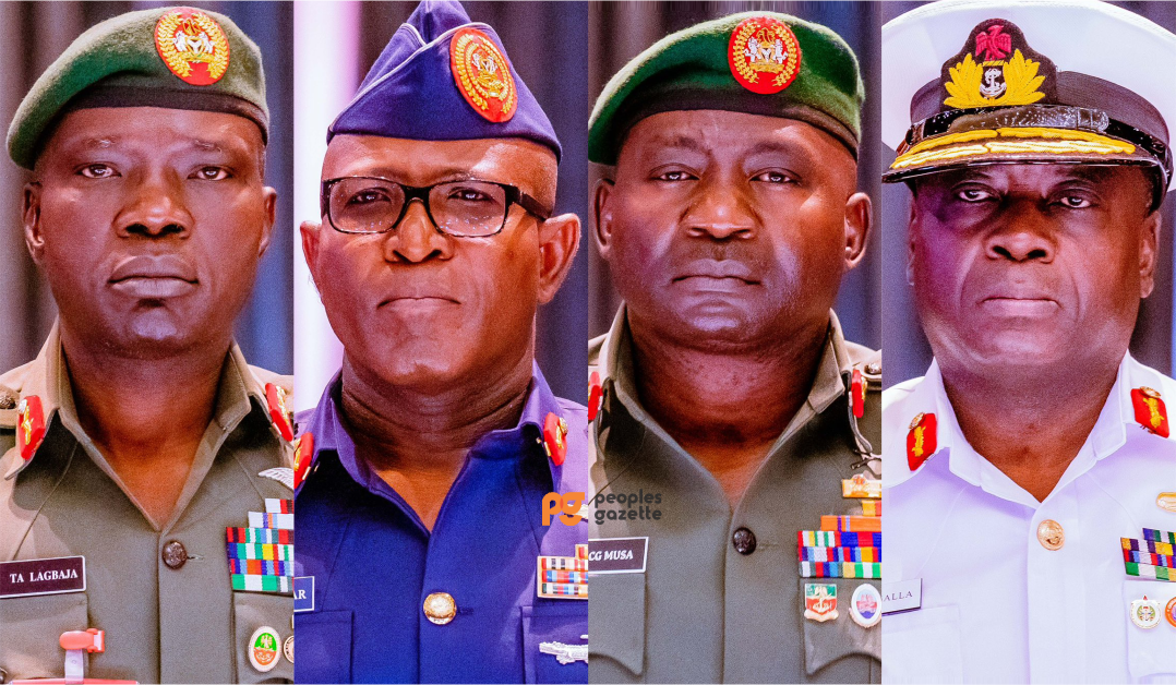 Chief of Army Staff (COAS), Lt-General Taoreed Lagbaja, Chief of Air Staff (CAS), Air Marshal Hassan Abubakar, Chief of Defence Staff (CDS), General Christopher Musa, and Chief of Naval Staff (CNS), Vice Admiral Emmanuel Ogalla [Photo Shettima]