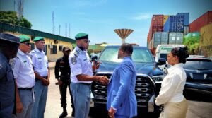 Comptroller Frank Onyeka handing over stolen luxury vehicles linked to Canada to the Deputy High Commissioner of Canada to Nigeria, Nasser Salihou. Comptroller Frank Onyeka handing over stolen luxury vehicles linked to Canada to the Deputy High Commissioner of Canada to Nigeria, Nasser Salihou.