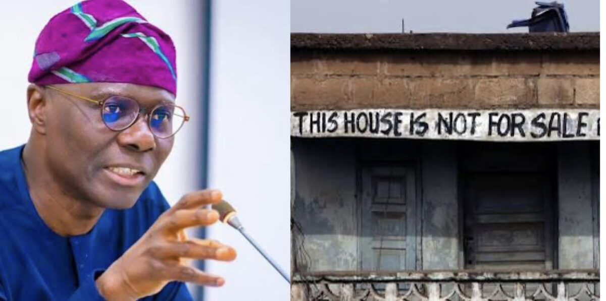 Lagos state governor, Babajide Sanwo-Olu and house not for sale inscription