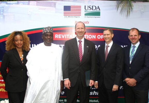 (L-R) Senior Analyst U.S. Department of Agriculture (USDA) Demeteris “Dee” Hale; President Nigerian-American Chamber of Commerce Sheriff Balogun (NACC); U.S. Consul General Rick Swart; U.S. Mission Agricultural Counselor Chris Bielecki; and Financial Analyst, Risk and Asset Management/Credit Programs Division (USDA) Joe Gurowsky; during the GSM-102 Revitalization event in Lagos. 