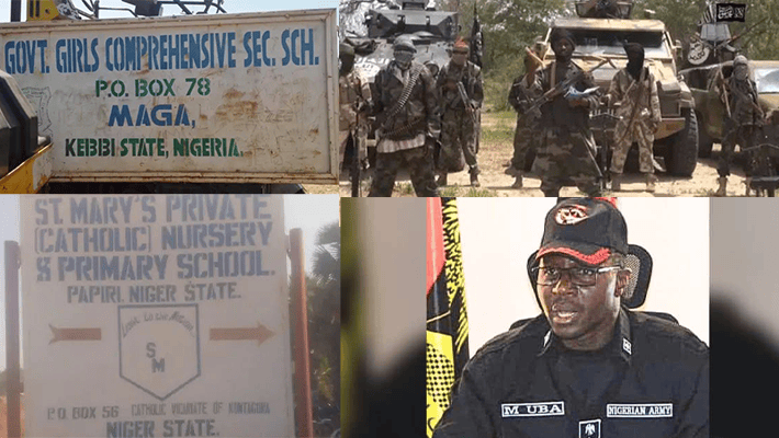 Banners of the affected schools in Kebbi, Niger states, terrorists and the slain commander Musa Uba.